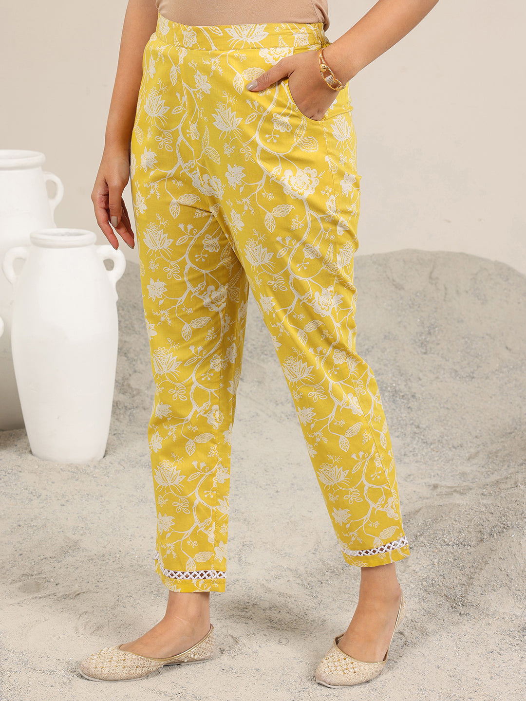 Libas Yellow Printed Pure Cotton Straight Kurta Set