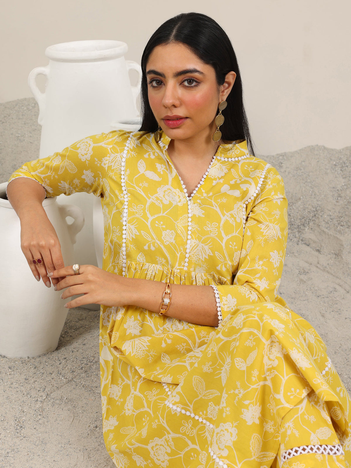 Libas Yellow Printed Pure Cotton Straight Kurta Set