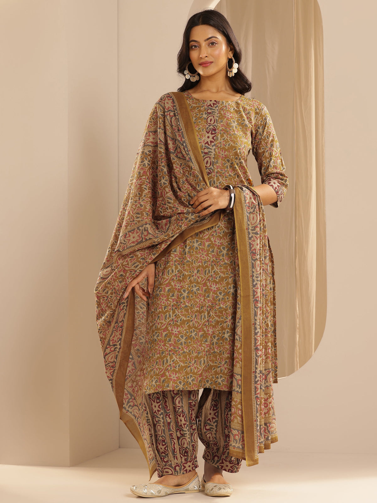 Libas Mustard Printed Cotton Straight Suit With Dupatta