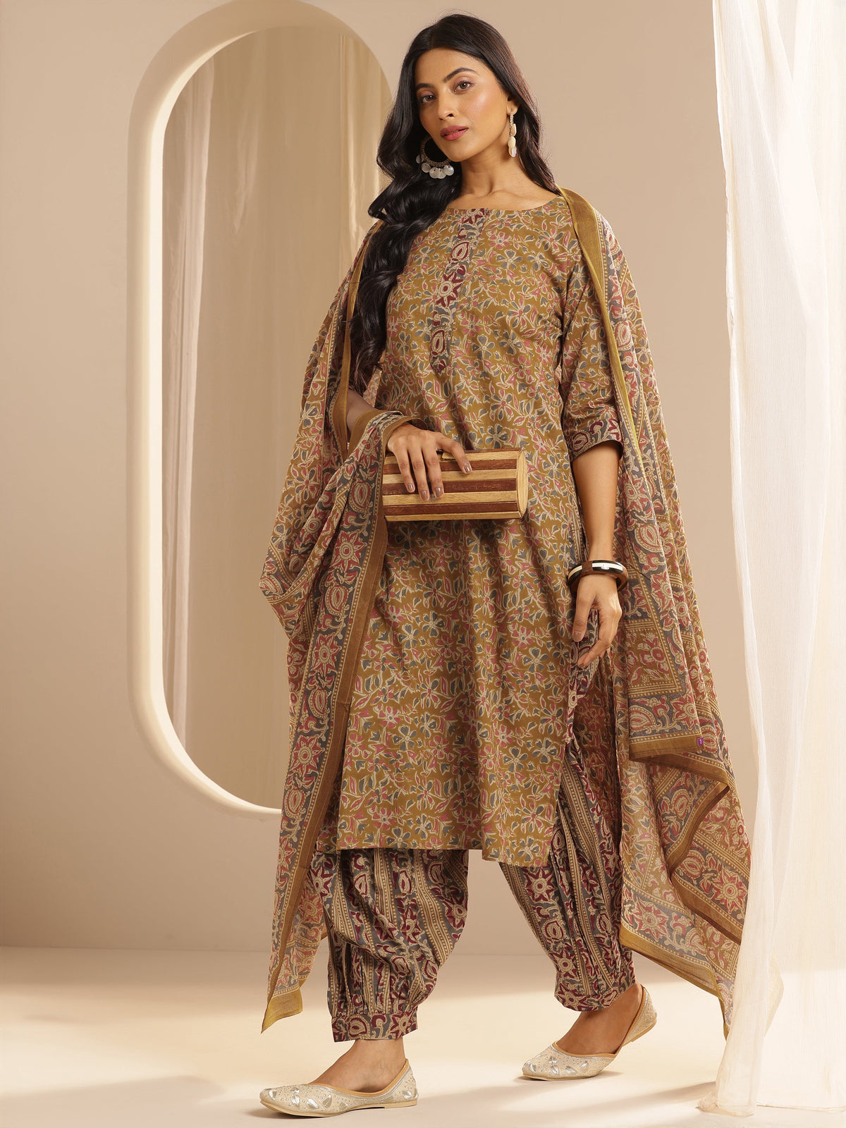 Libas Mustard Printed Cotton Straight Suit With Dupatta