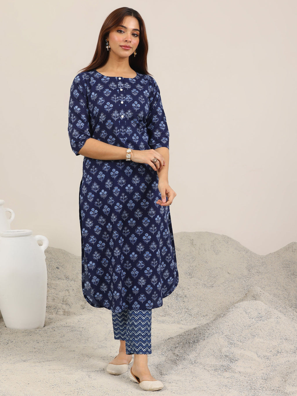 Libas Blue Printed Cotton Straight Kurta Set