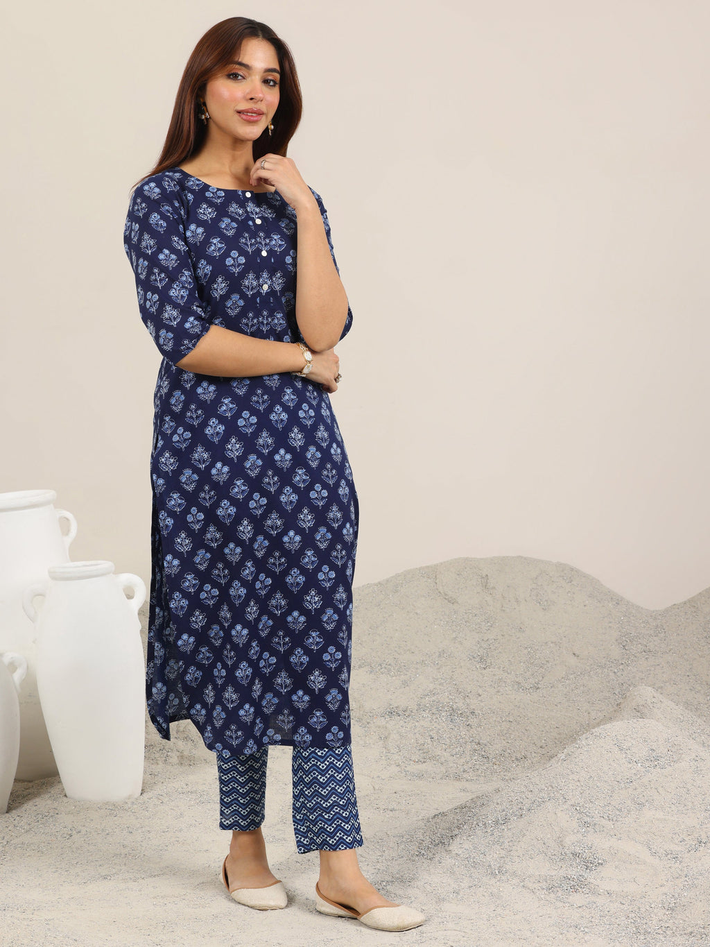 Libas Blue Printed Cotton Straight Kurta Set
