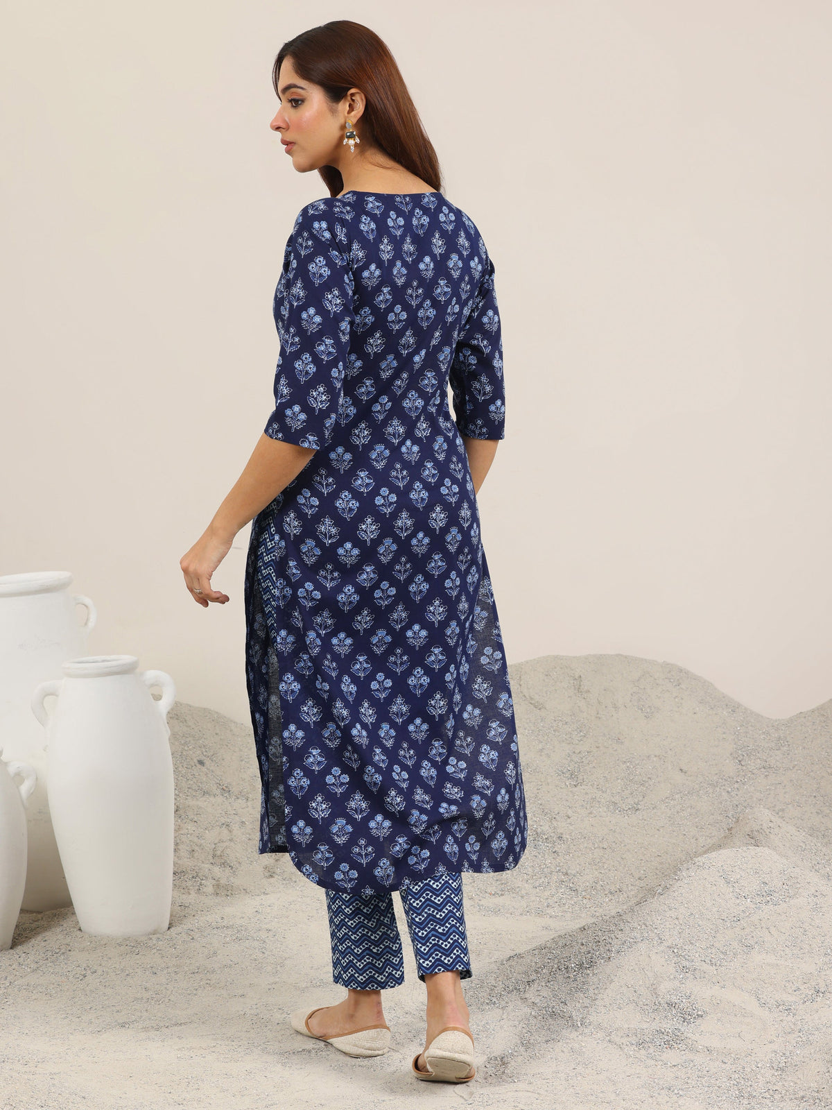 Libas Blue Printed Cotton Straight Kurta Set