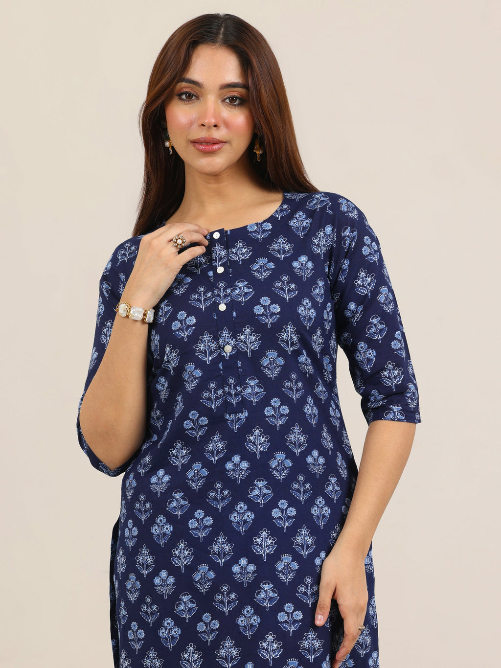 Libas Blue Printed Cotton Straight Kurta Set