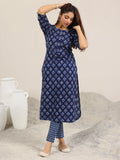 Libas Blue Printed Cotton Straight Kurta Set