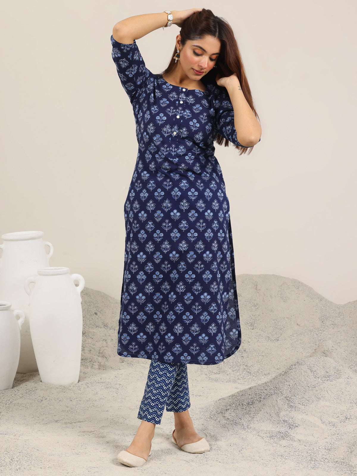 Libas Blue Printed Cotton Straight Kurta Set