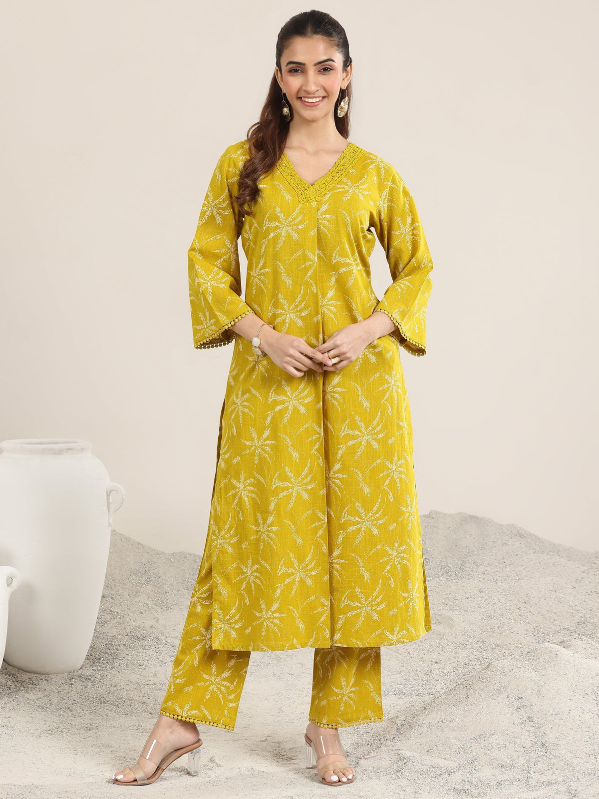 Libas Yellow Printed Cotton Straight Kurta Set