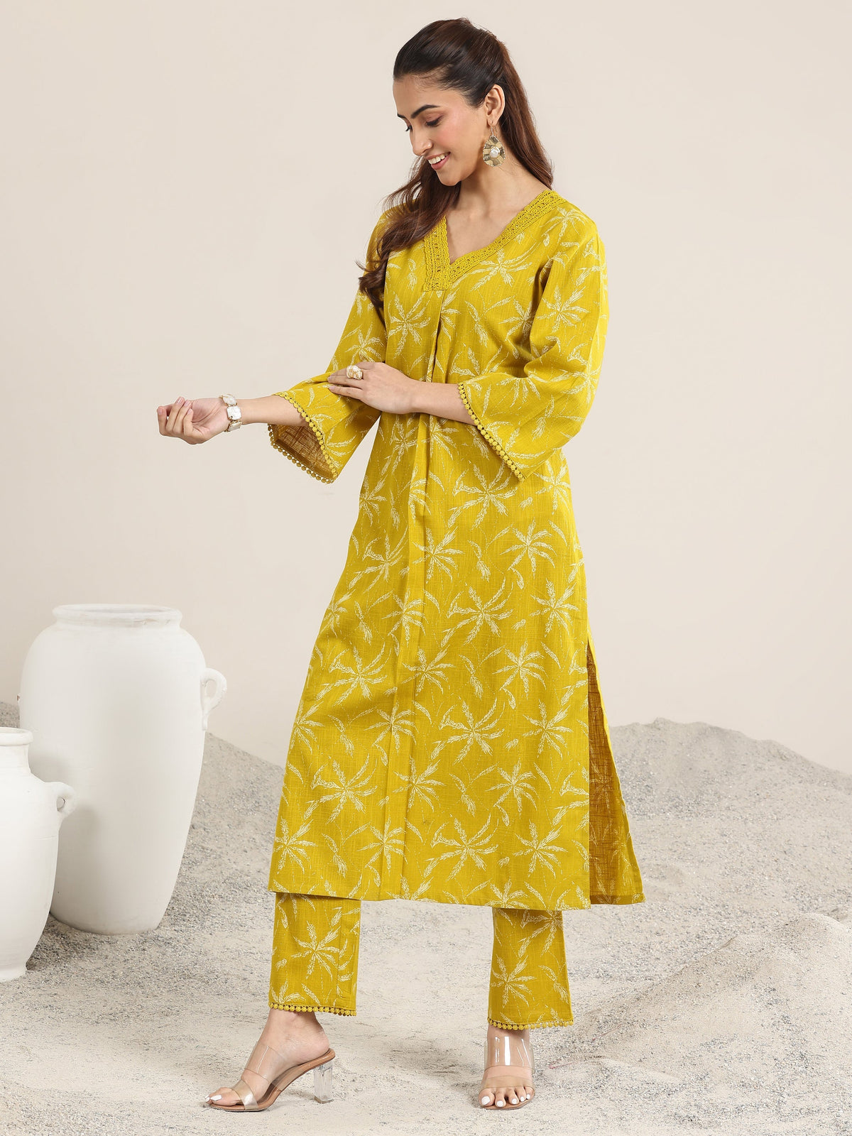 Libas Yellow Printed Cotton Straight Kurta Set