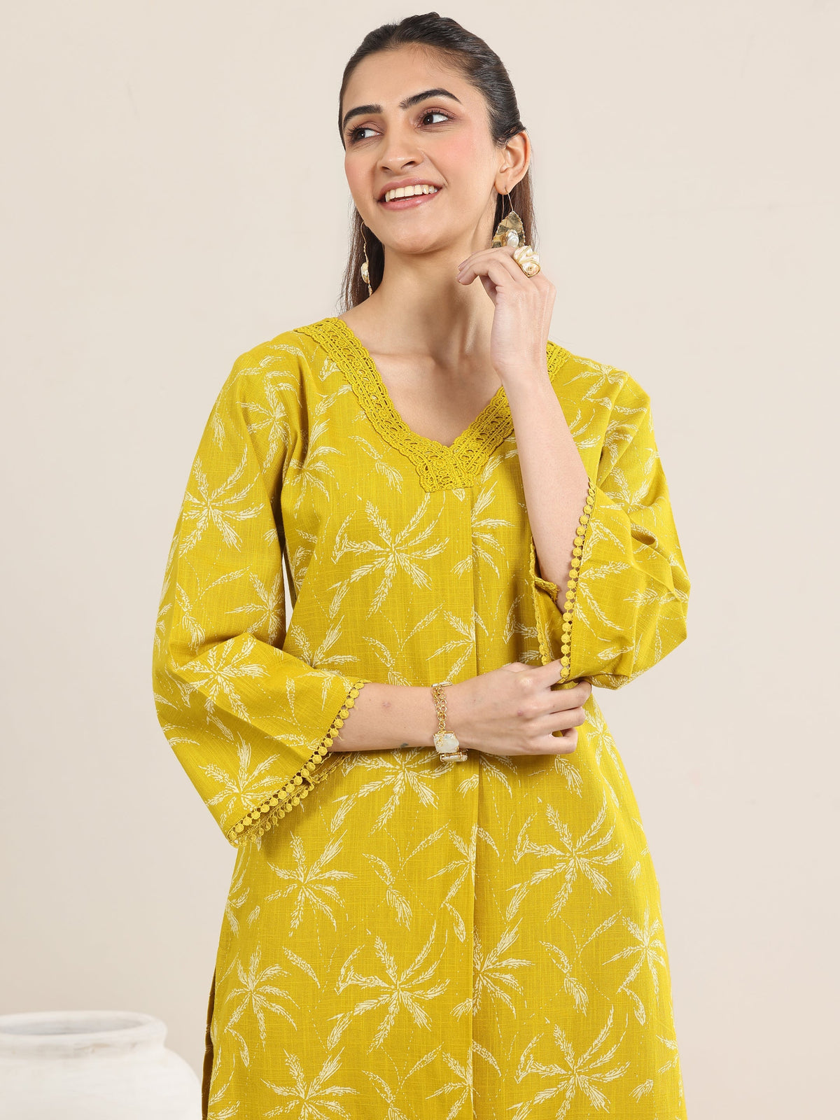 Libas Yellow Printed Cotton Straight Kurta Set