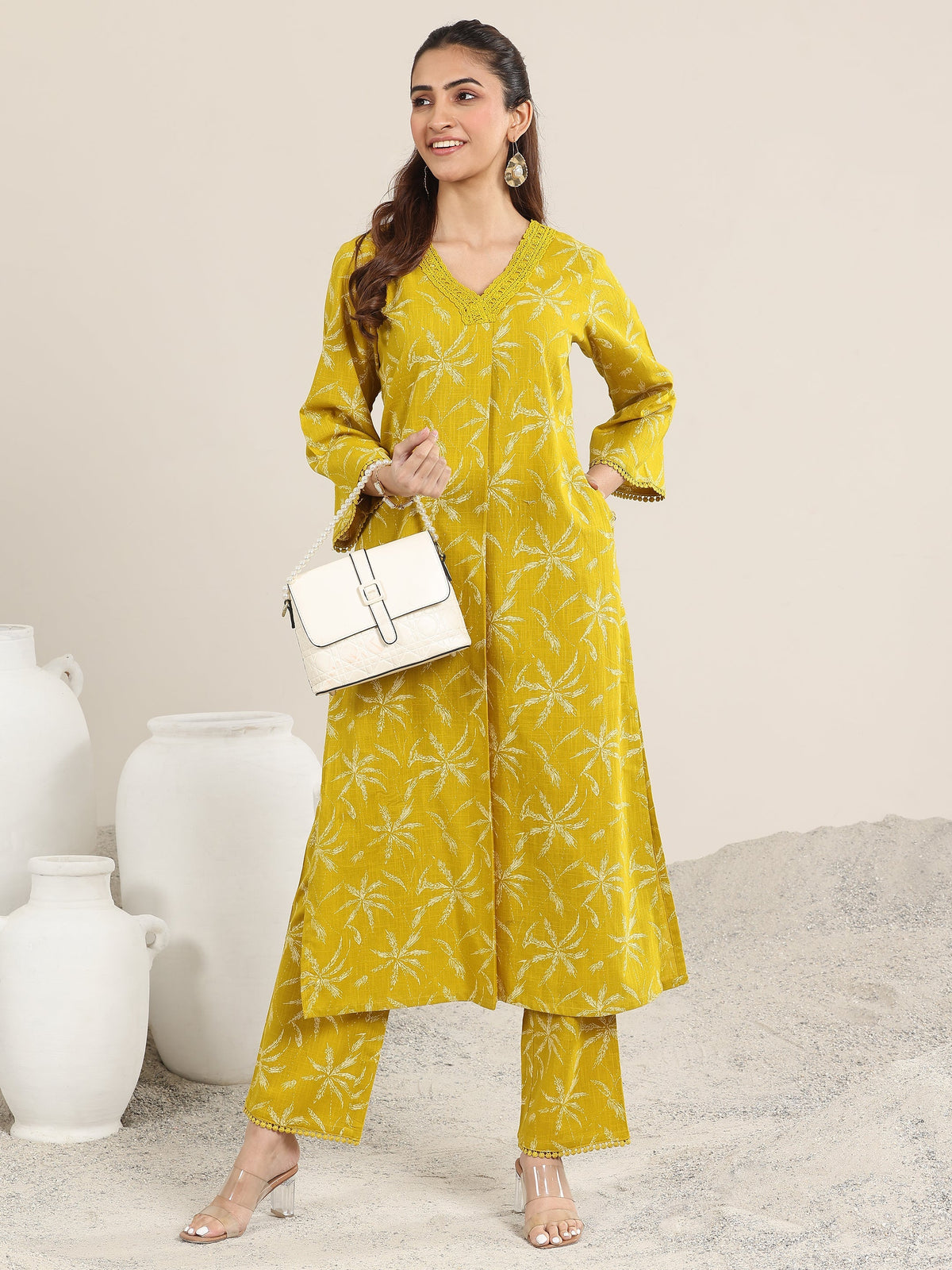 Libas Yellow Printed Cotton Straight Kurta Set