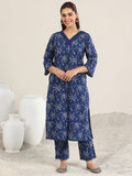Libas Blue Printed Cotton Straight Kurta Set