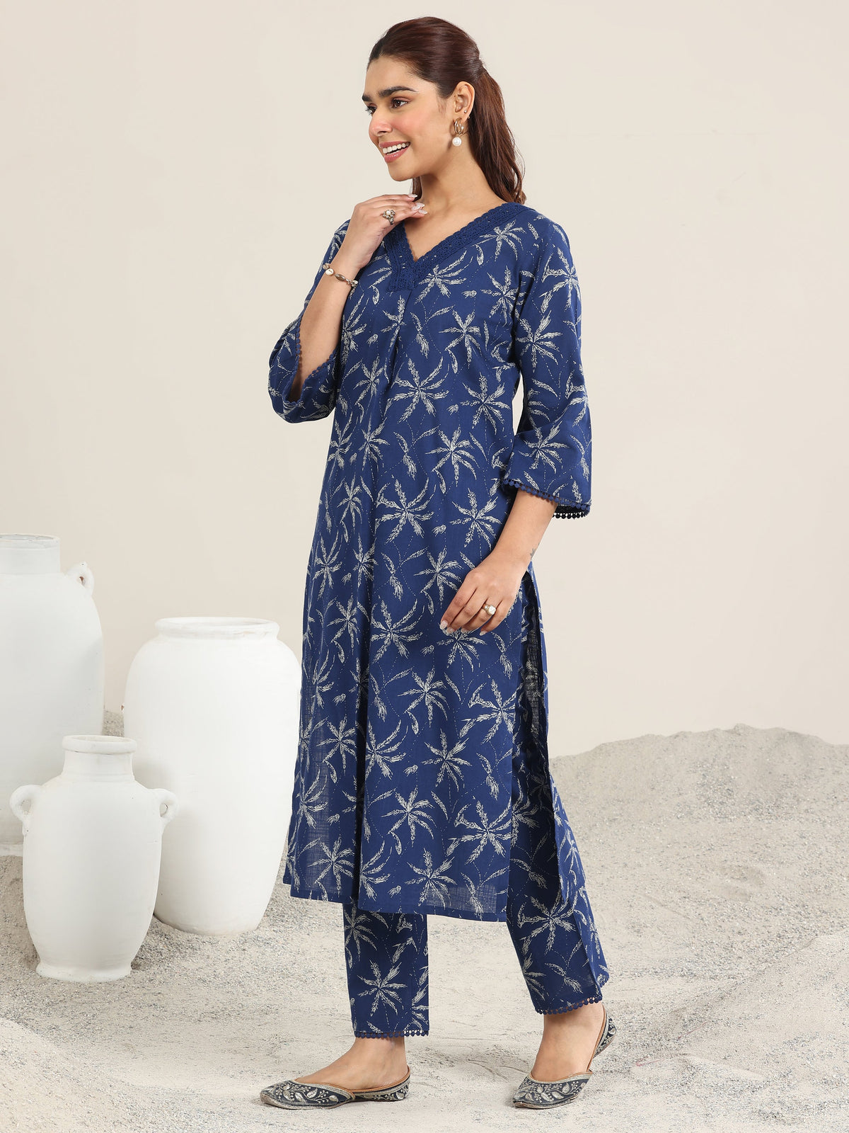Libas Blue Printed Cotton Straight Kurta Set