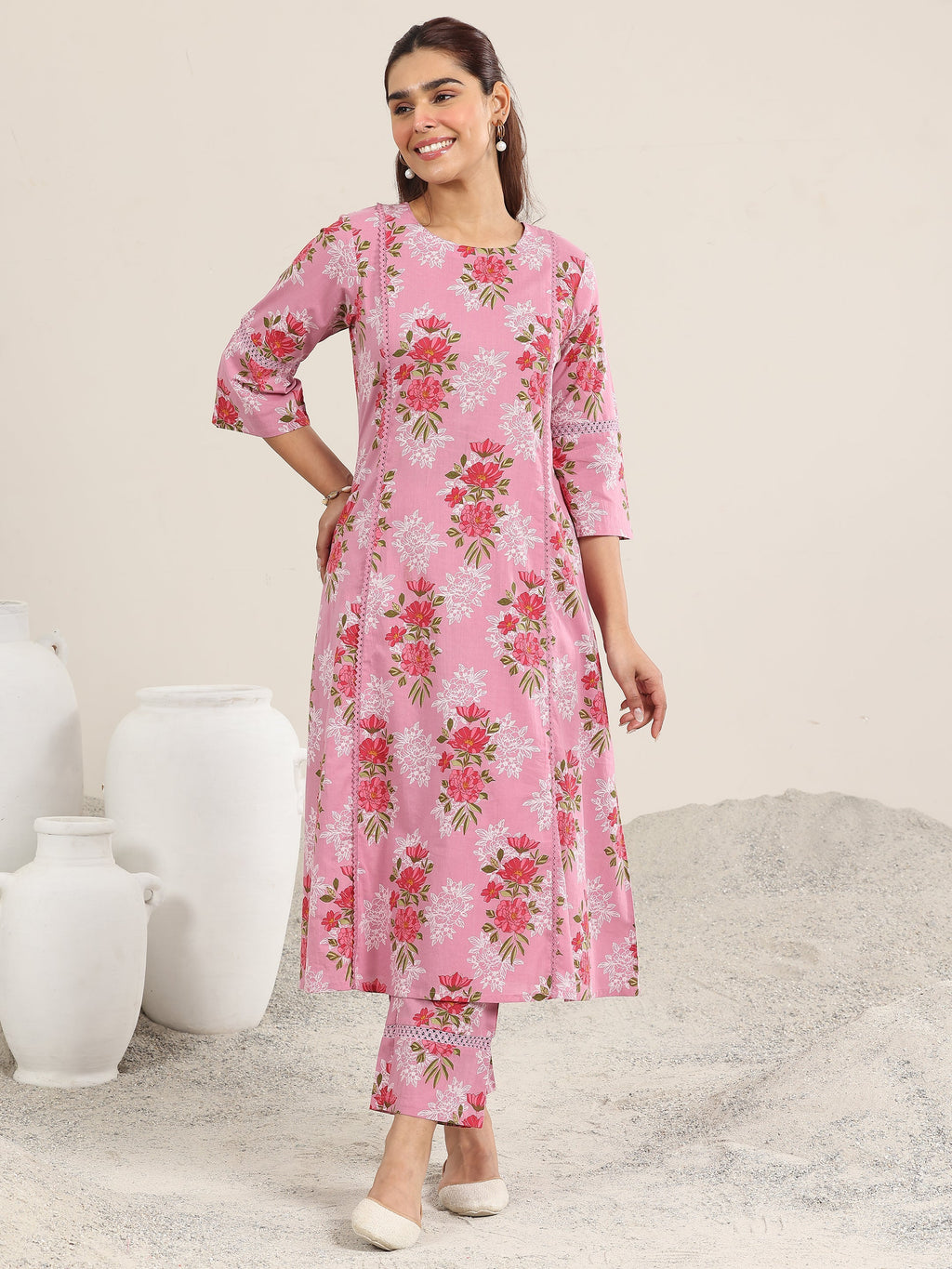 Libas Pink Printed Cotton A-line Kurta Set