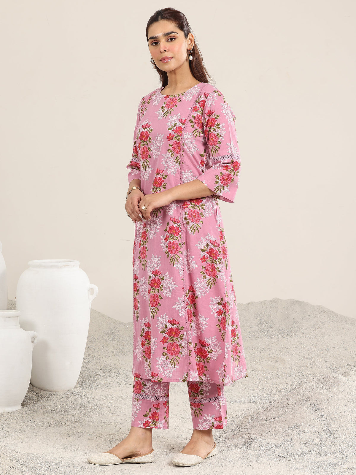 Libas Pink Printed Cotton A-line Kurta Set