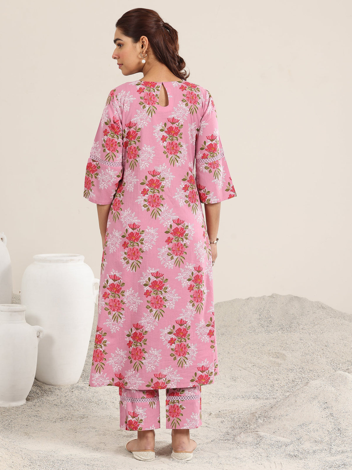 Libas Pink Printed Cotton A-line Kurta Set