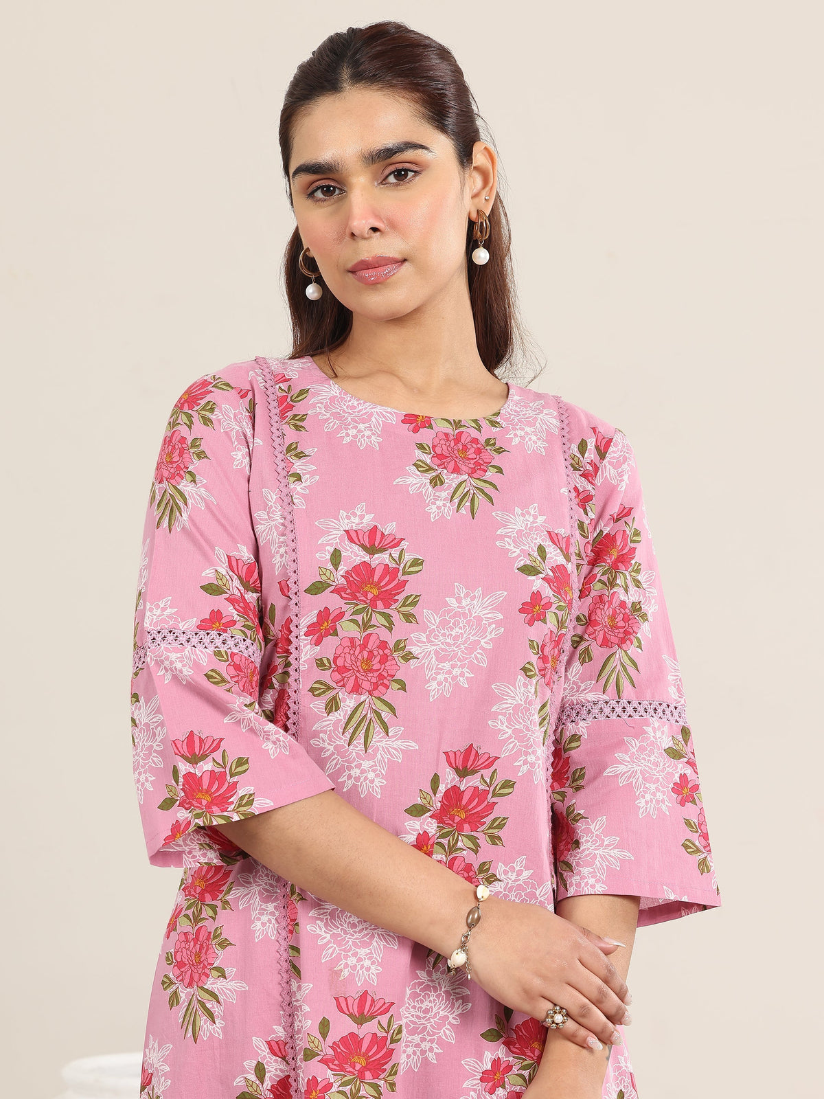 Libas Pink Printed Cotton A-line Kurta Set