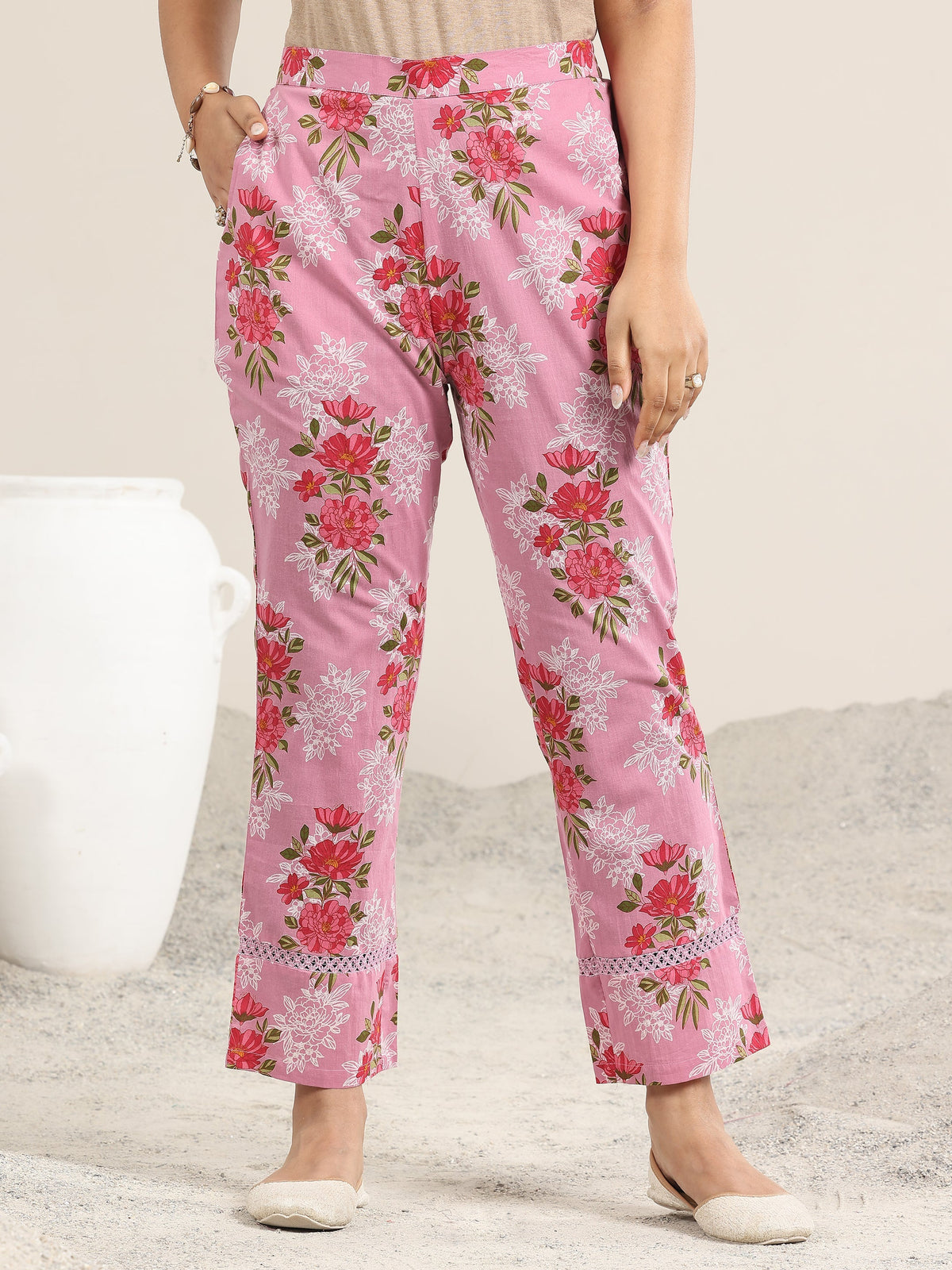 Libas Pink Printed Cotton A-line Kurta Set