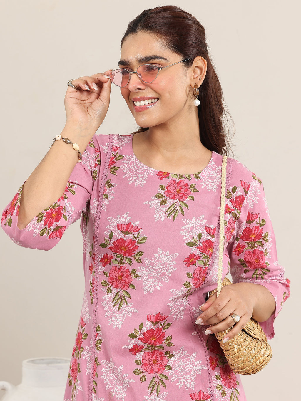 Libas Pink Printed Cotton A-line Kurta Set