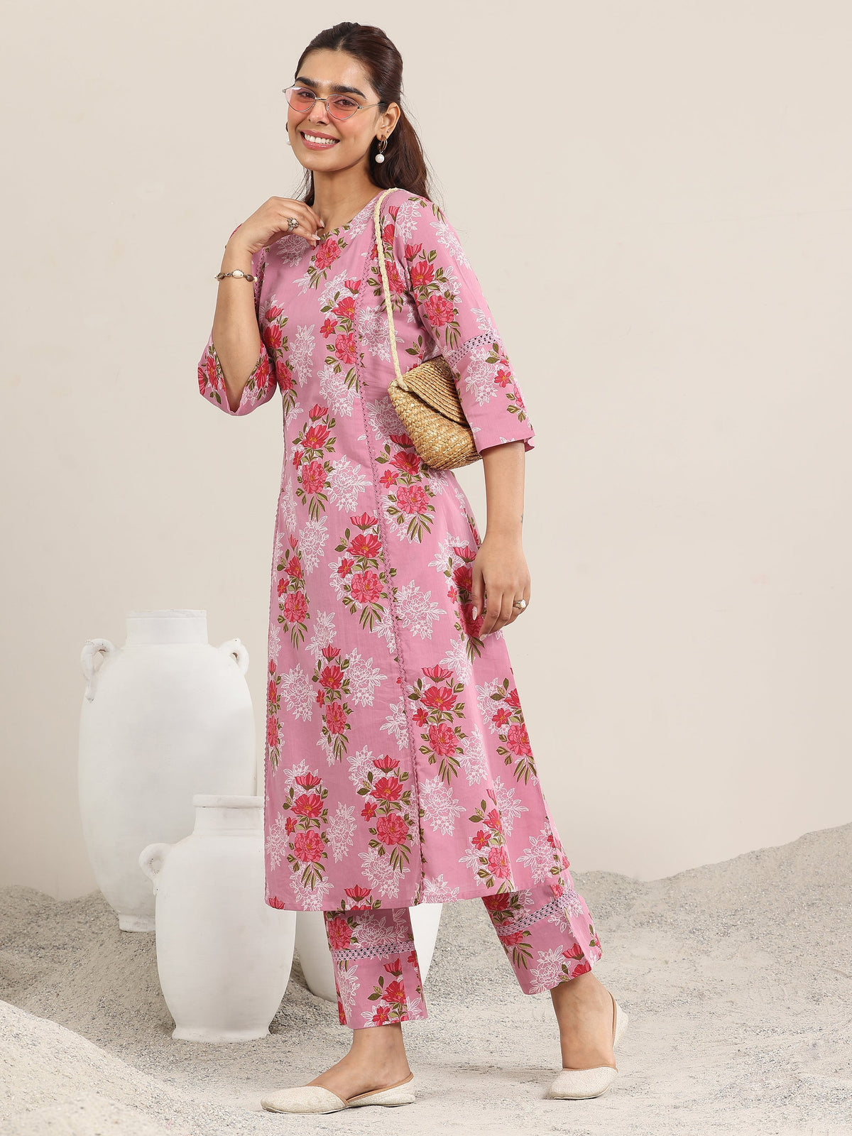 Libas Pink Printed Cotton A-line Kurta Set
