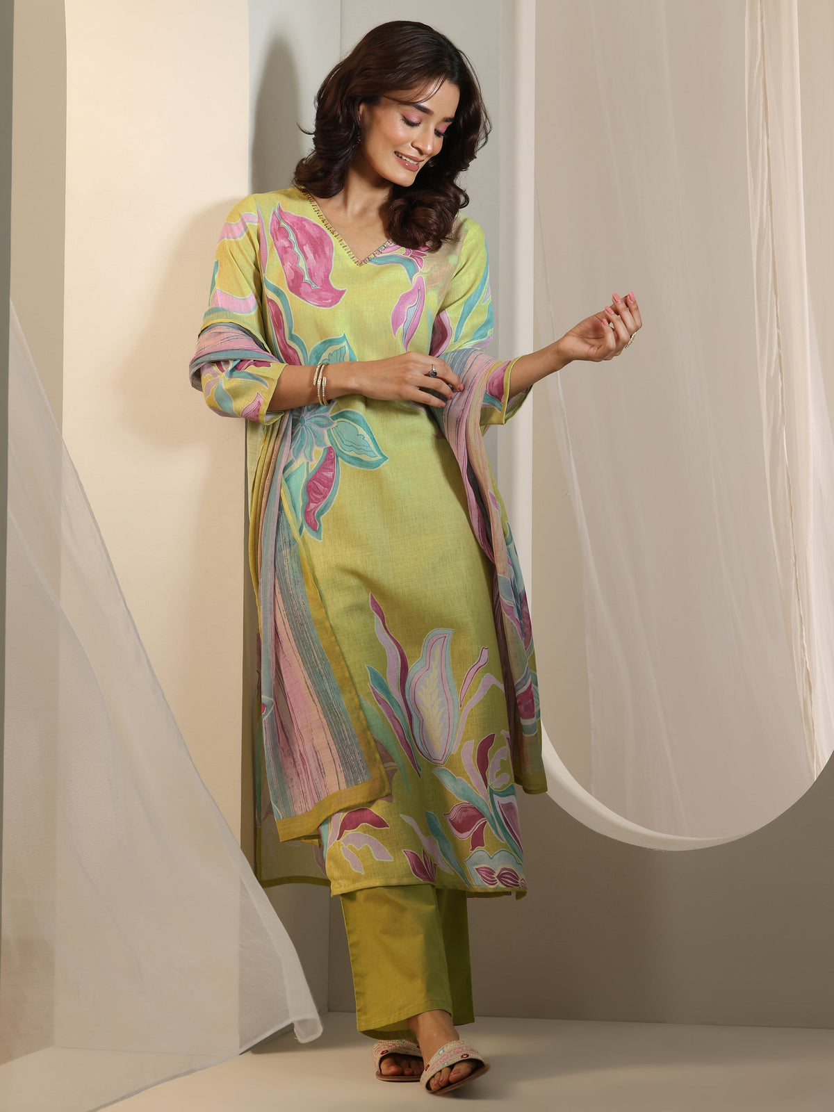 Libas Multi Printed Cotton Blend Straight Suit Set With Dupatta
