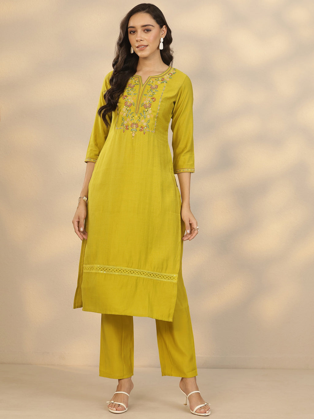 Libas Green Embroidered Silk Blend Straight Kurta Set