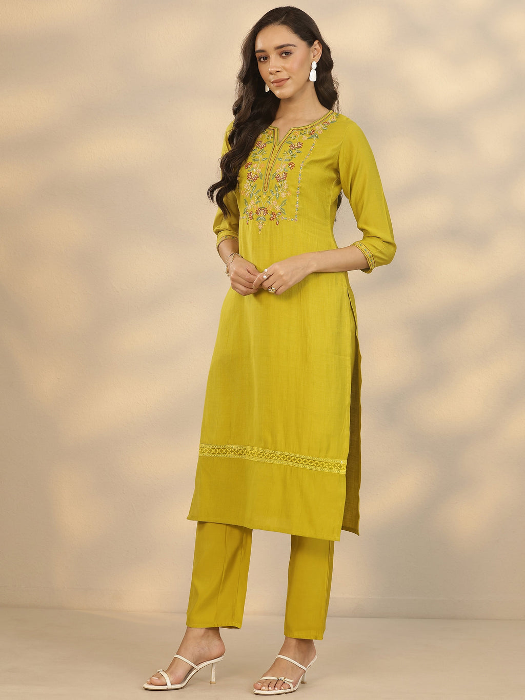 Libas Green Embroidered Silk Blend Straight Kurta Set