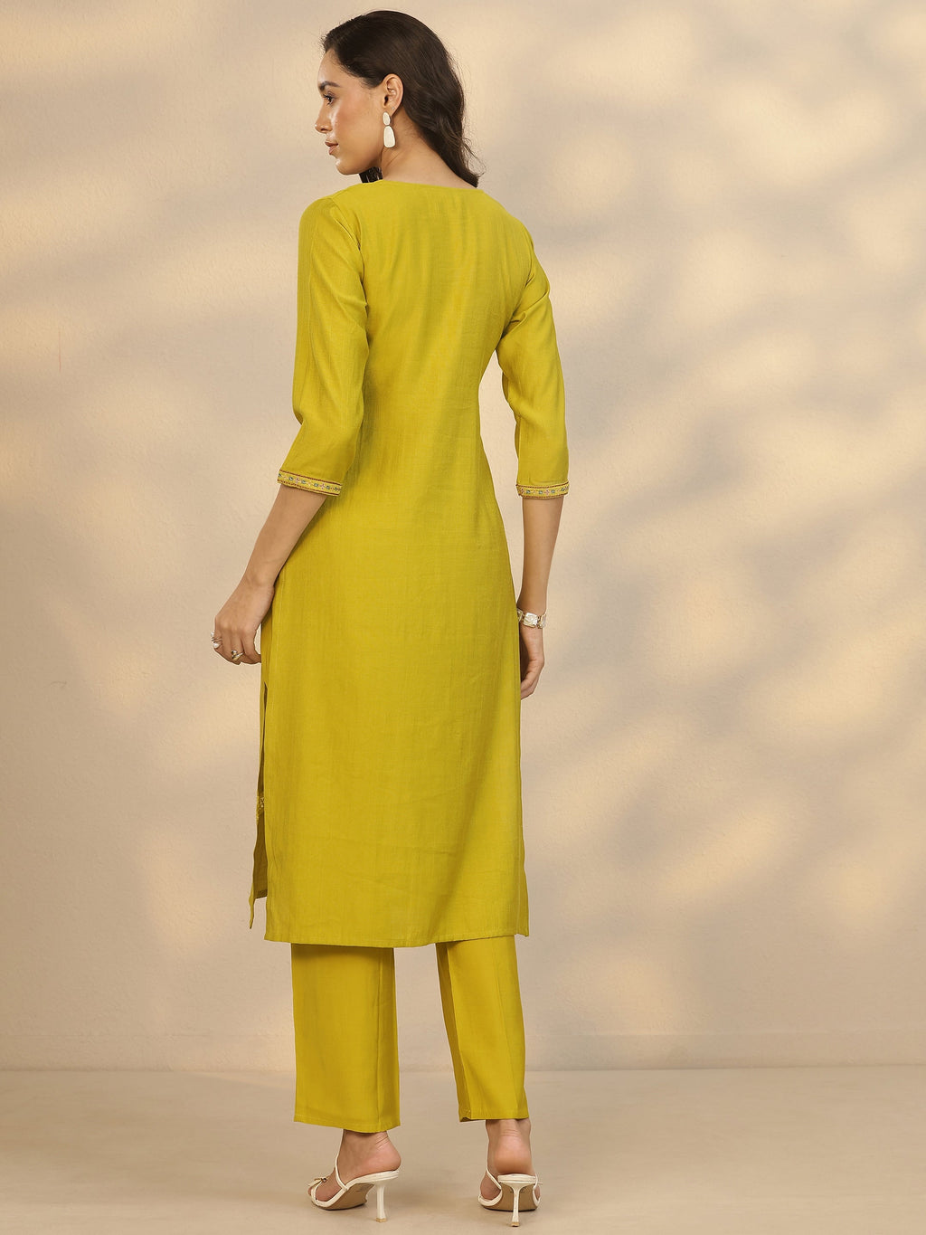 Libas Green Embroidered Silk Blend Straight Kurta Set