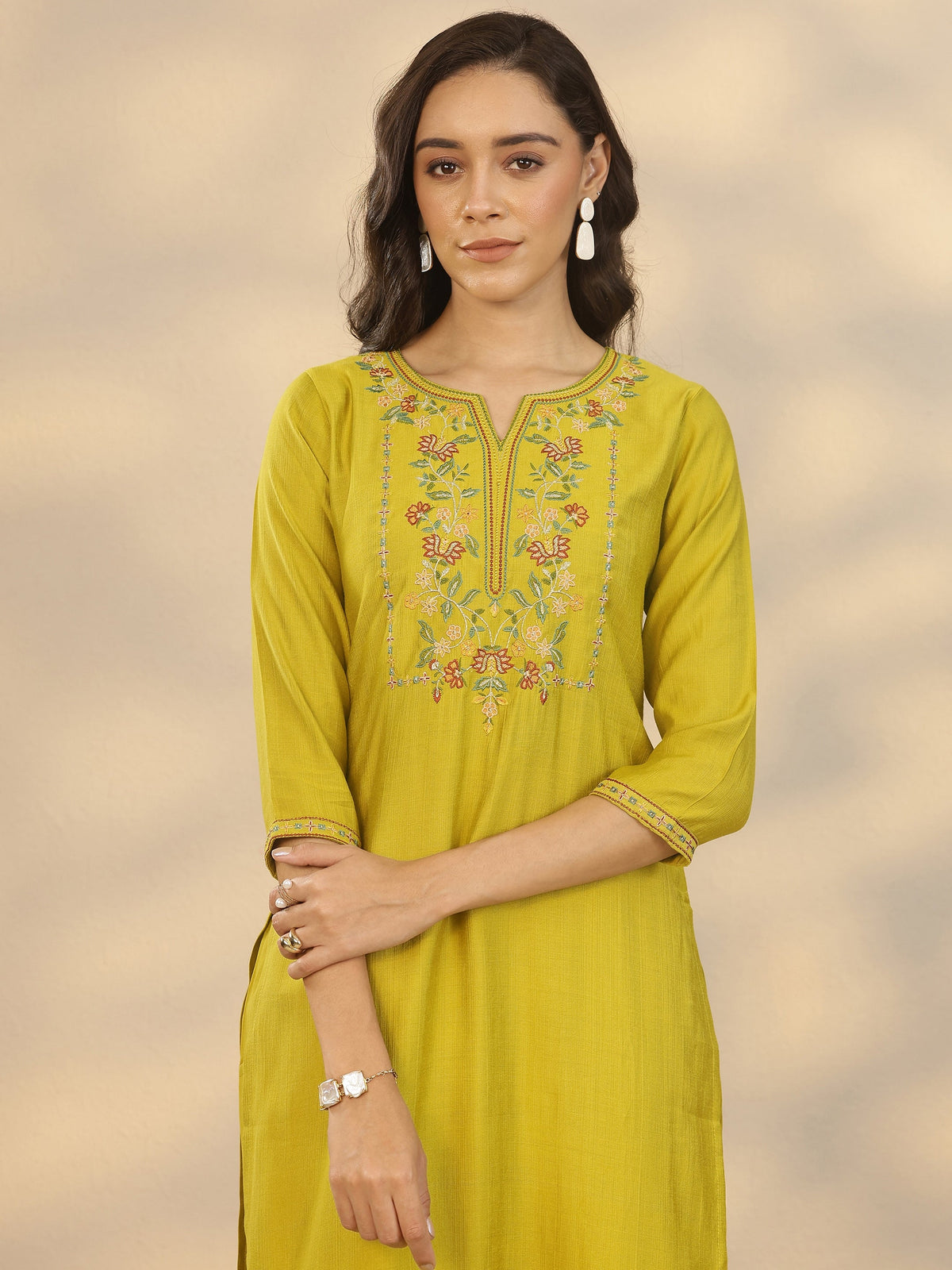 Libas Green Embroidered Silk Blend Straight Kurta Set