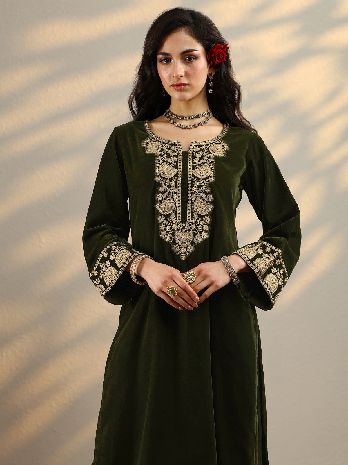 Libas Green Yoke Design Velvet Straight Suit Set With Dupatta