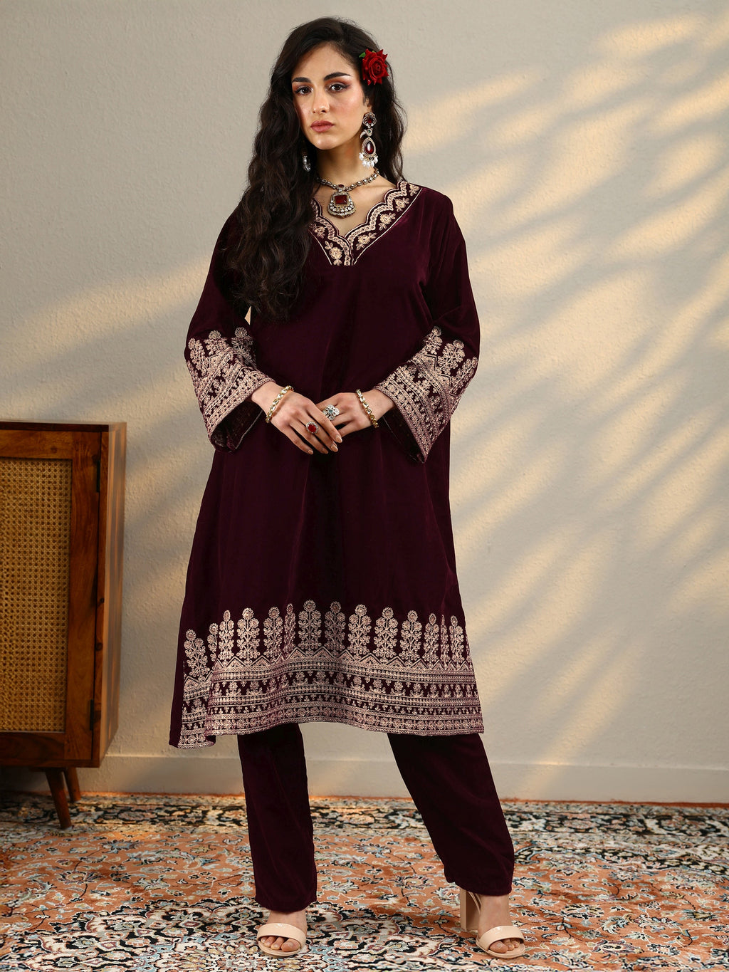 Libas Maroon Embroidered Velvet Straight Kurta Set
