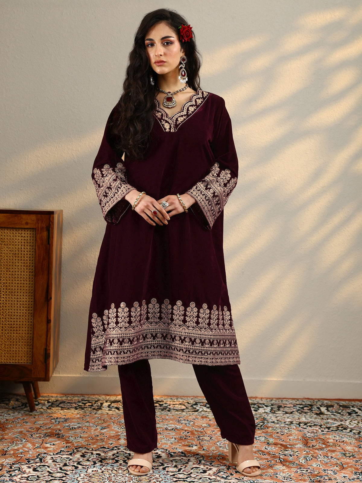 Libas Maroon Embroidered Velvet Straight Kurta Set