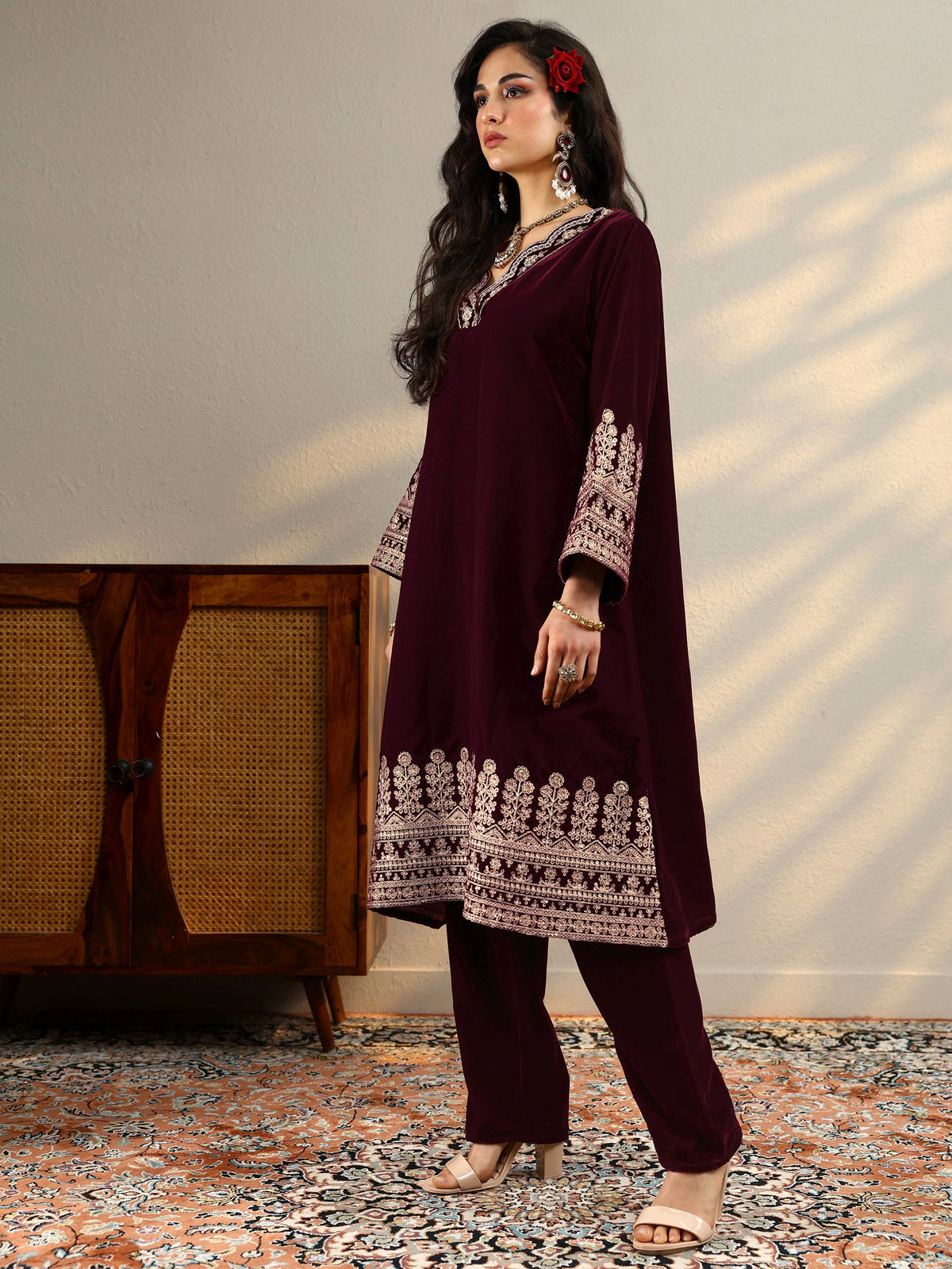 Libas Maroon Embroidered Velvet Straight Kurta Set