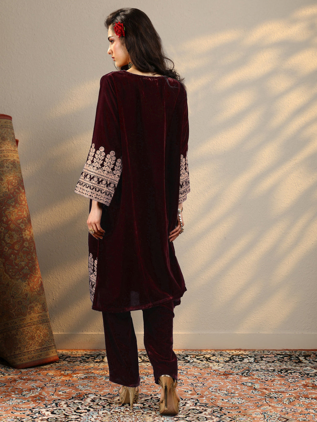 Libas Maroon Embroidered Velvet Straight Kurta Set