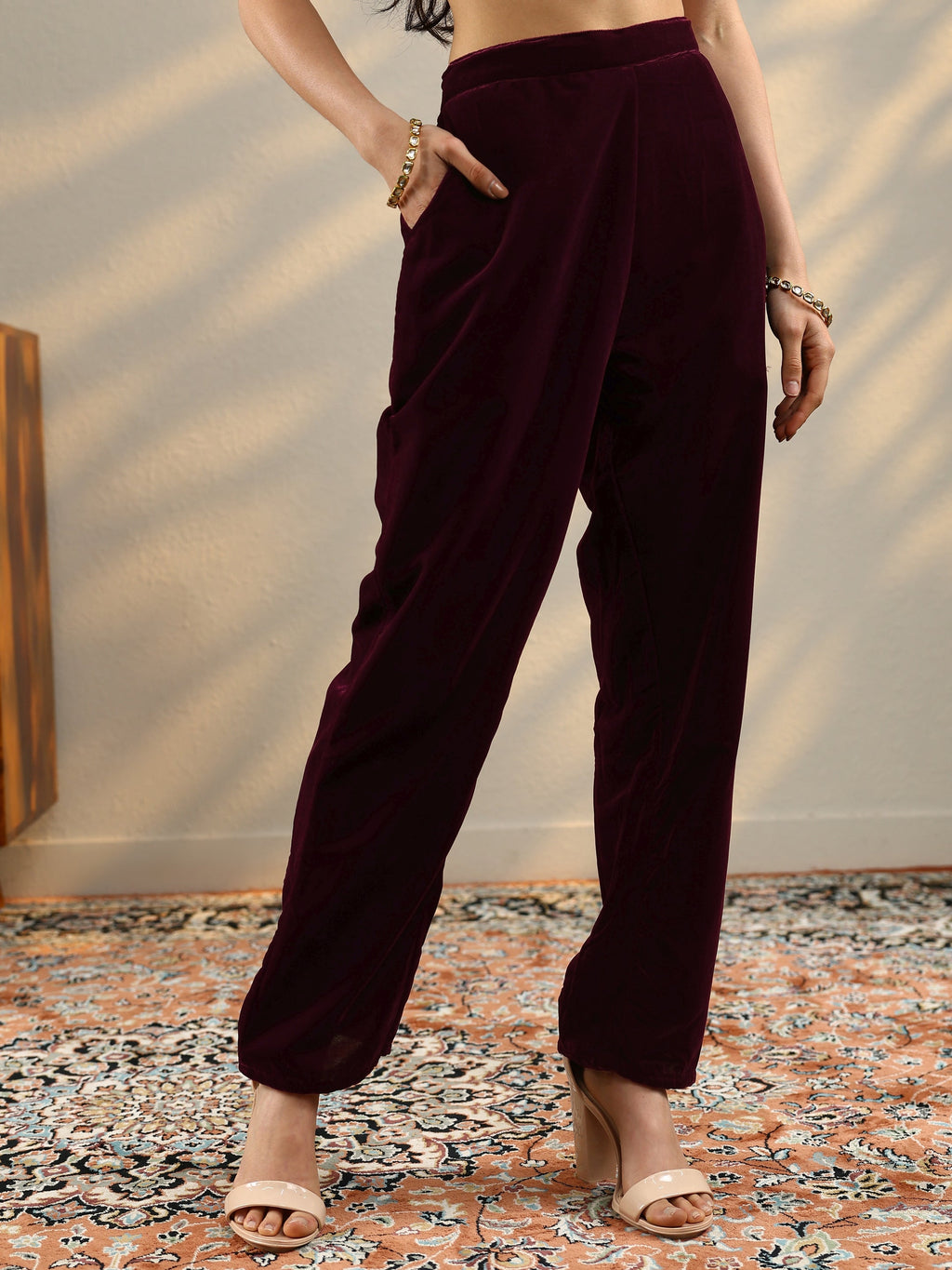 Libas Maroon Embroidered Velvet Straight Kurta Set