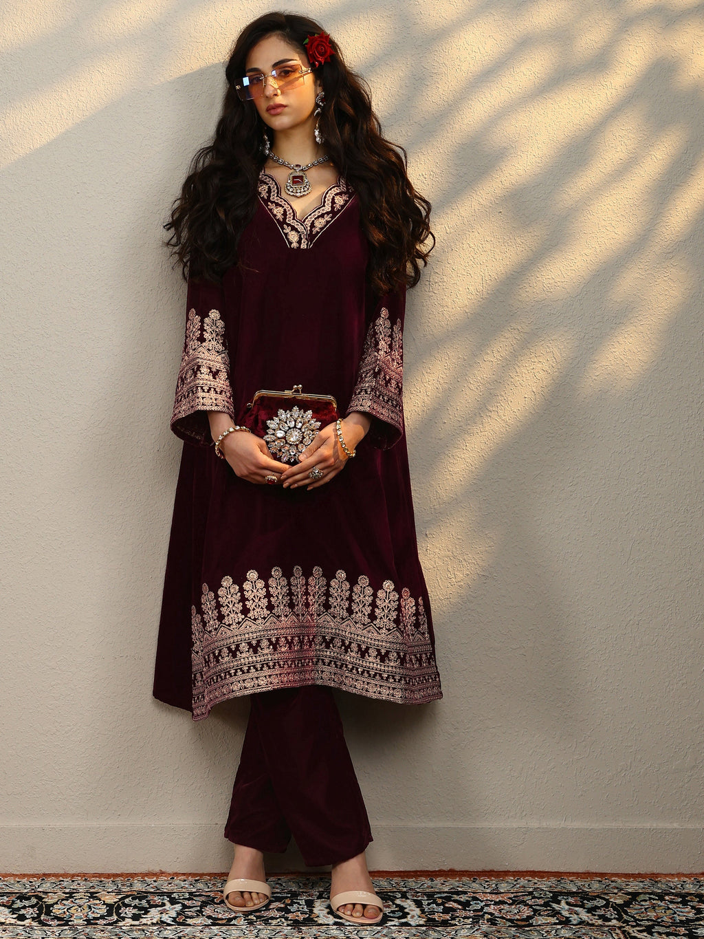 Libas Maroon Embroidered Velvet Straight Kurta Set