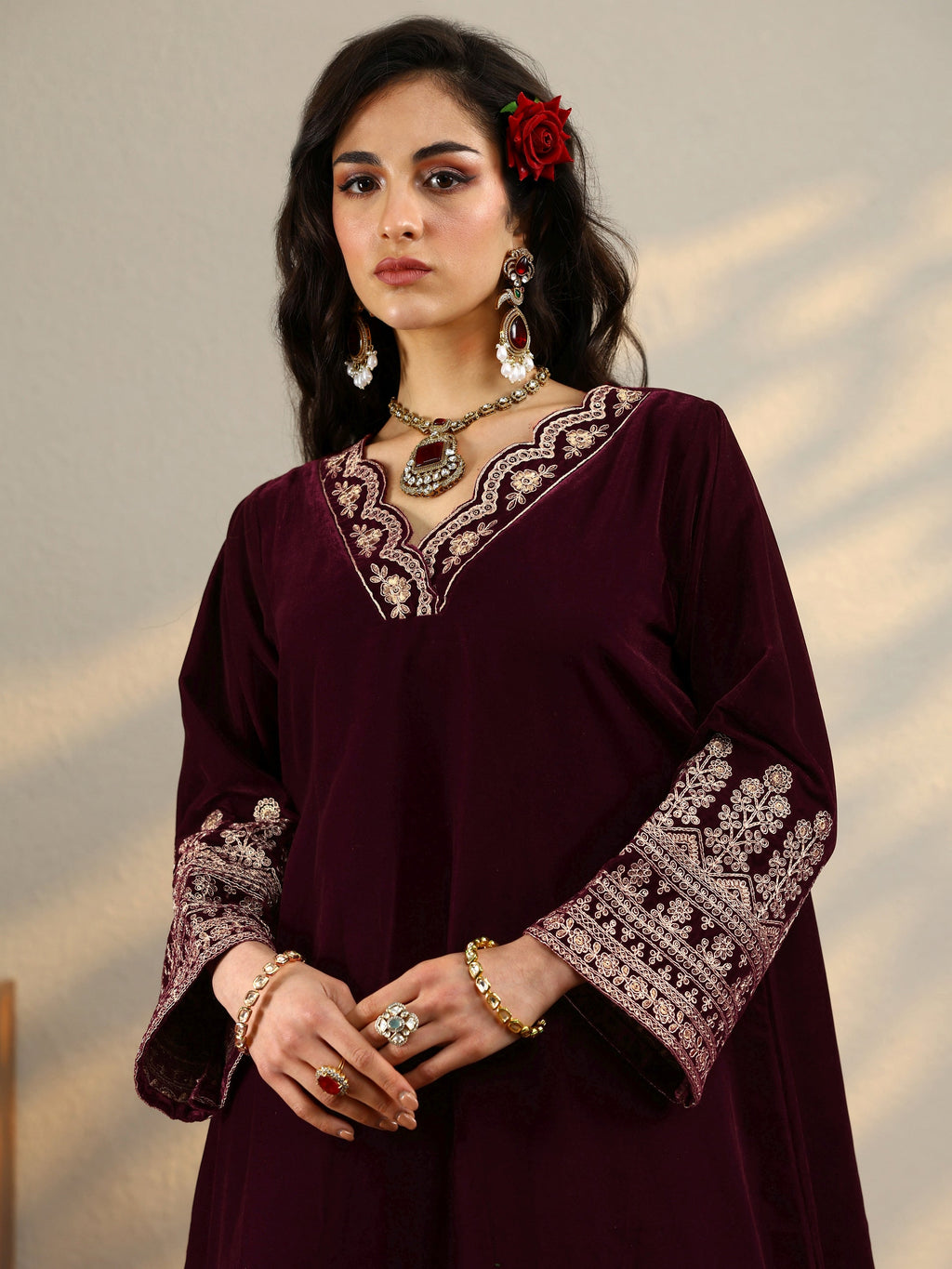 Libas Maroon Embroidered Velvet Straight Kurta Set