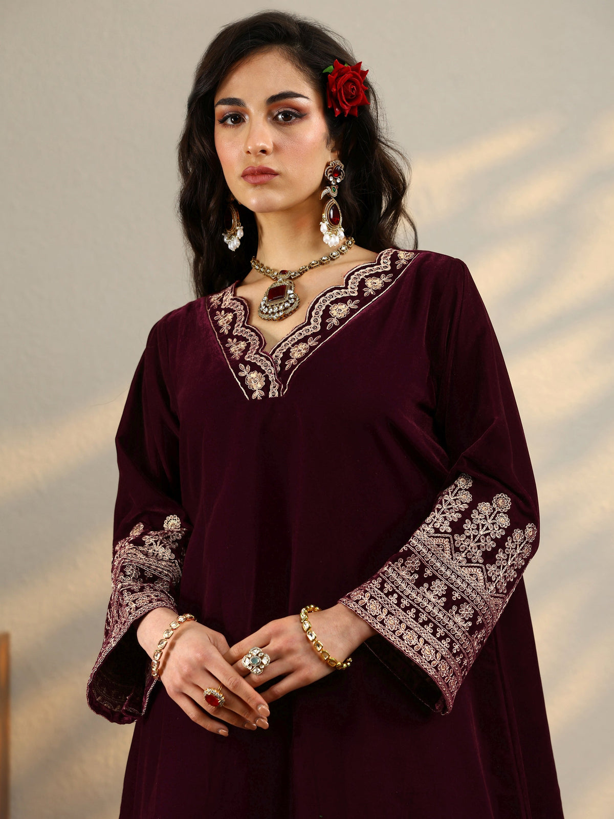 Libas Maroon Embroidered Velvet Straight Kurta Set