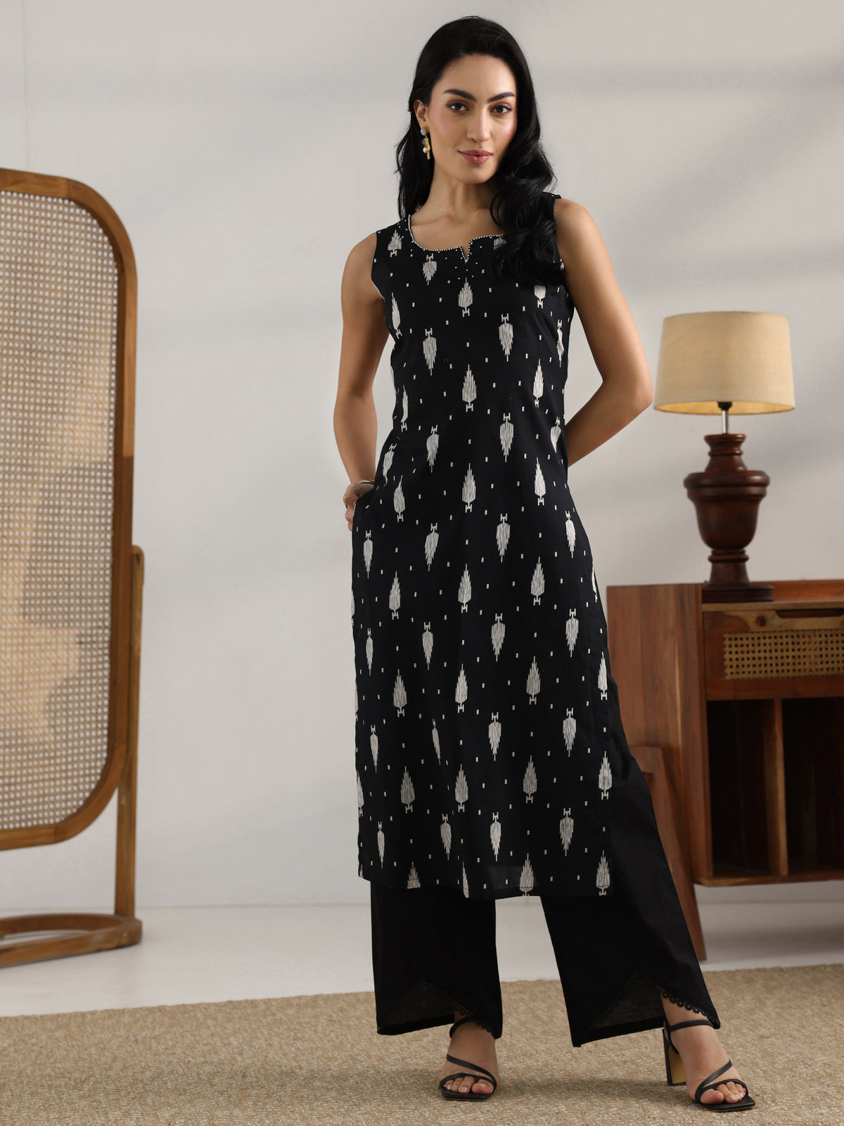 Libas Black Printed Cotton Straight Kurta Set