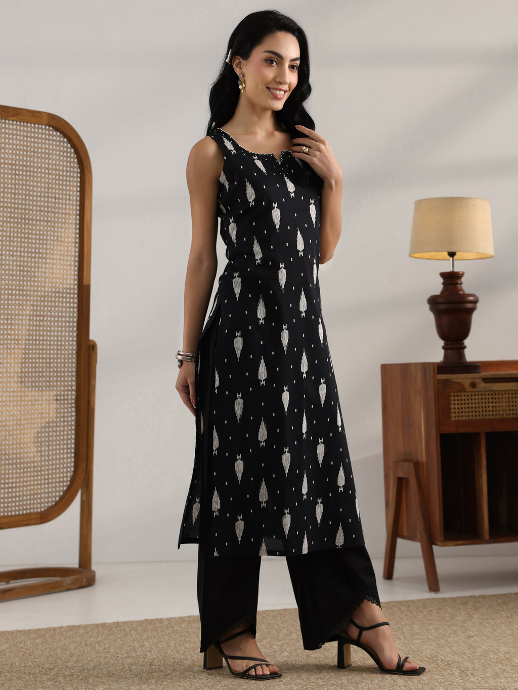 Libas Black Printed Cotton Straight Kurta Set