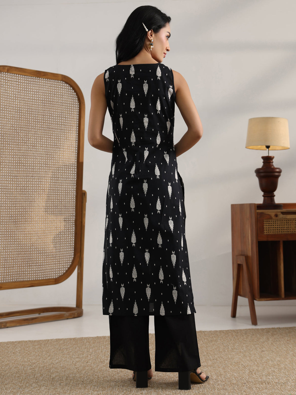 Libas Black Printed Cotton Straight Kurta Set