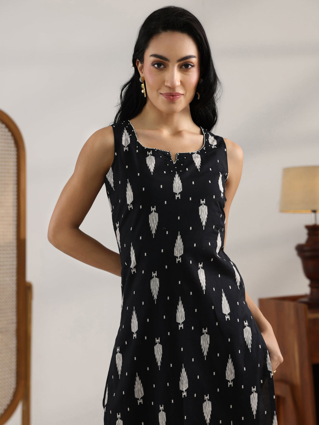 Libas Black Printed Cotton Straight Kurta Set