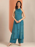 Libas Teal Embellished Silk Blend Straight Kurta Set