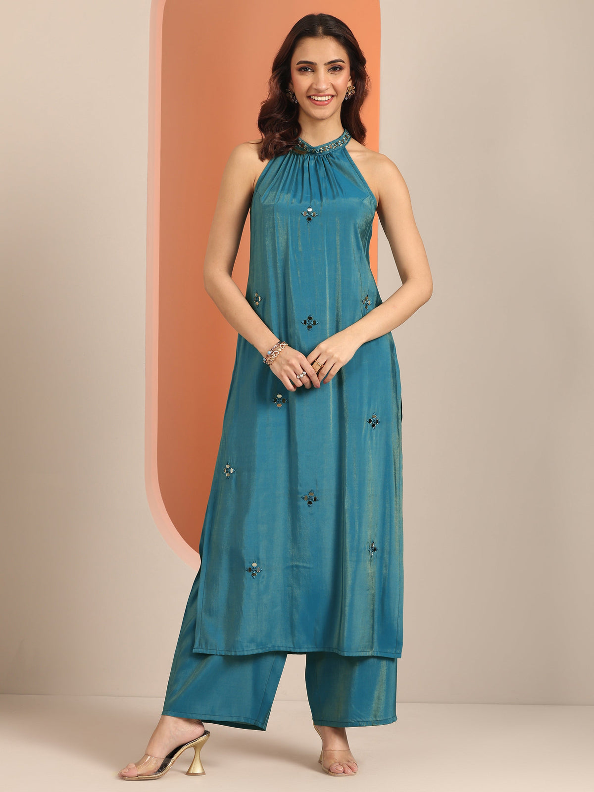 Libas Teal Embellished Silk Blend Straight Kurta Set
