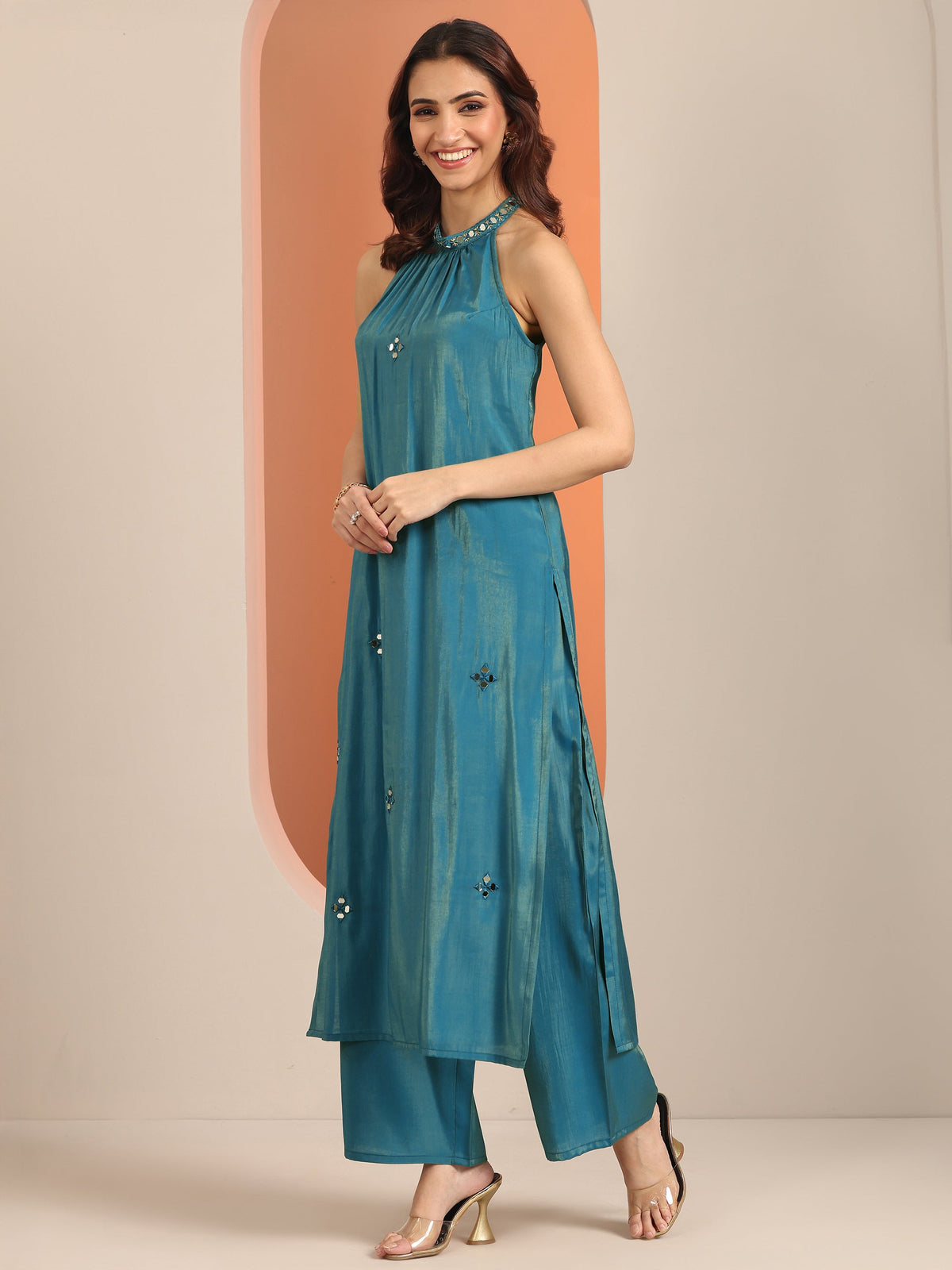 Libas Teal Embellished Silk Blend Straight Kurta Set