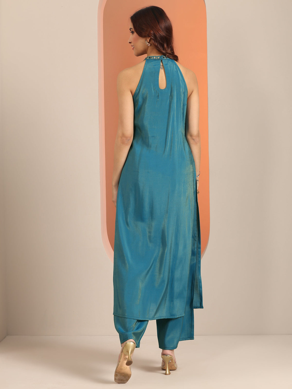 Libas Teal Embellished Silk Blend Straight Kurta Set