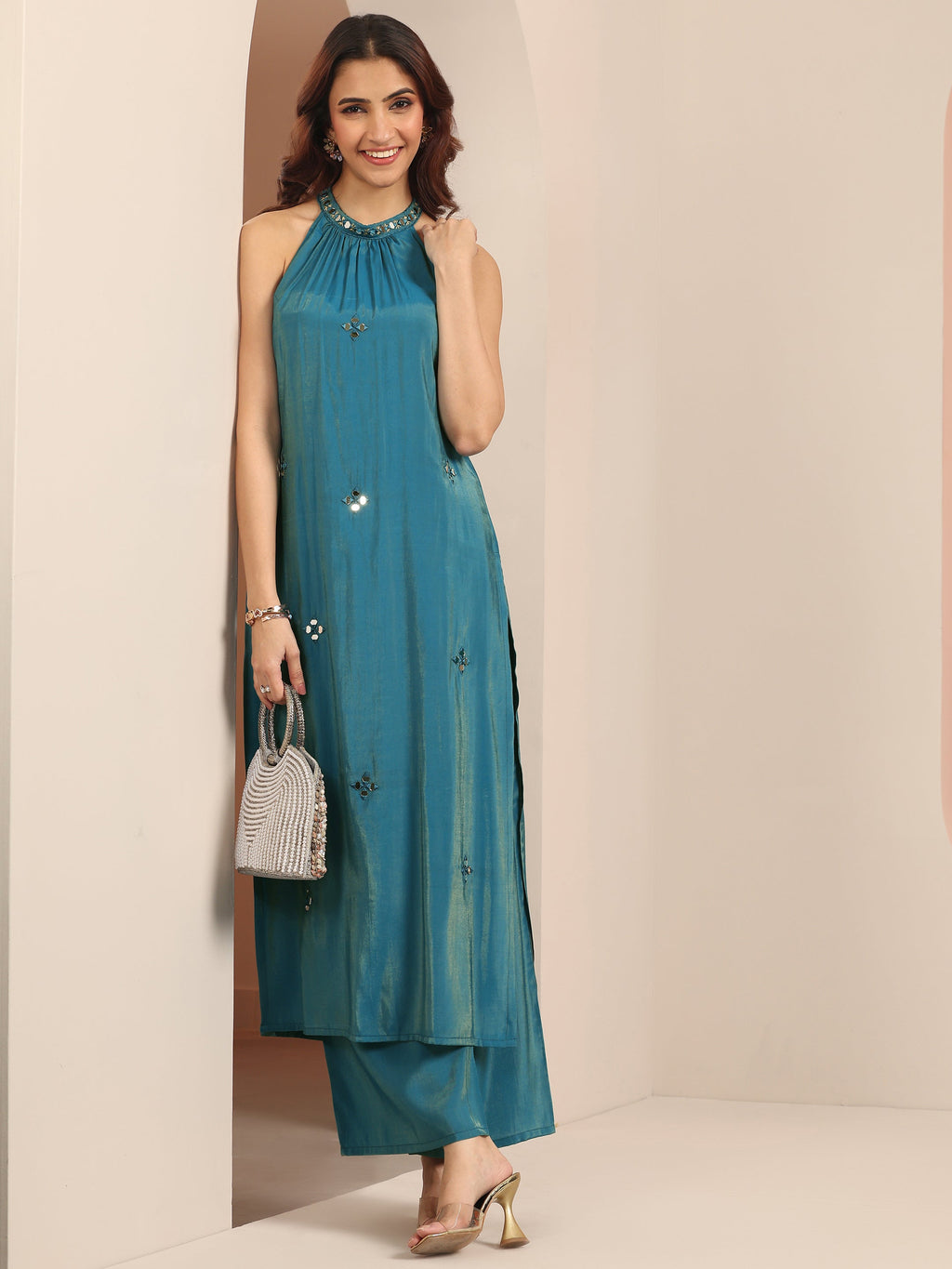 Libas Teal Embellished Silk Blend Straight Kurta Set