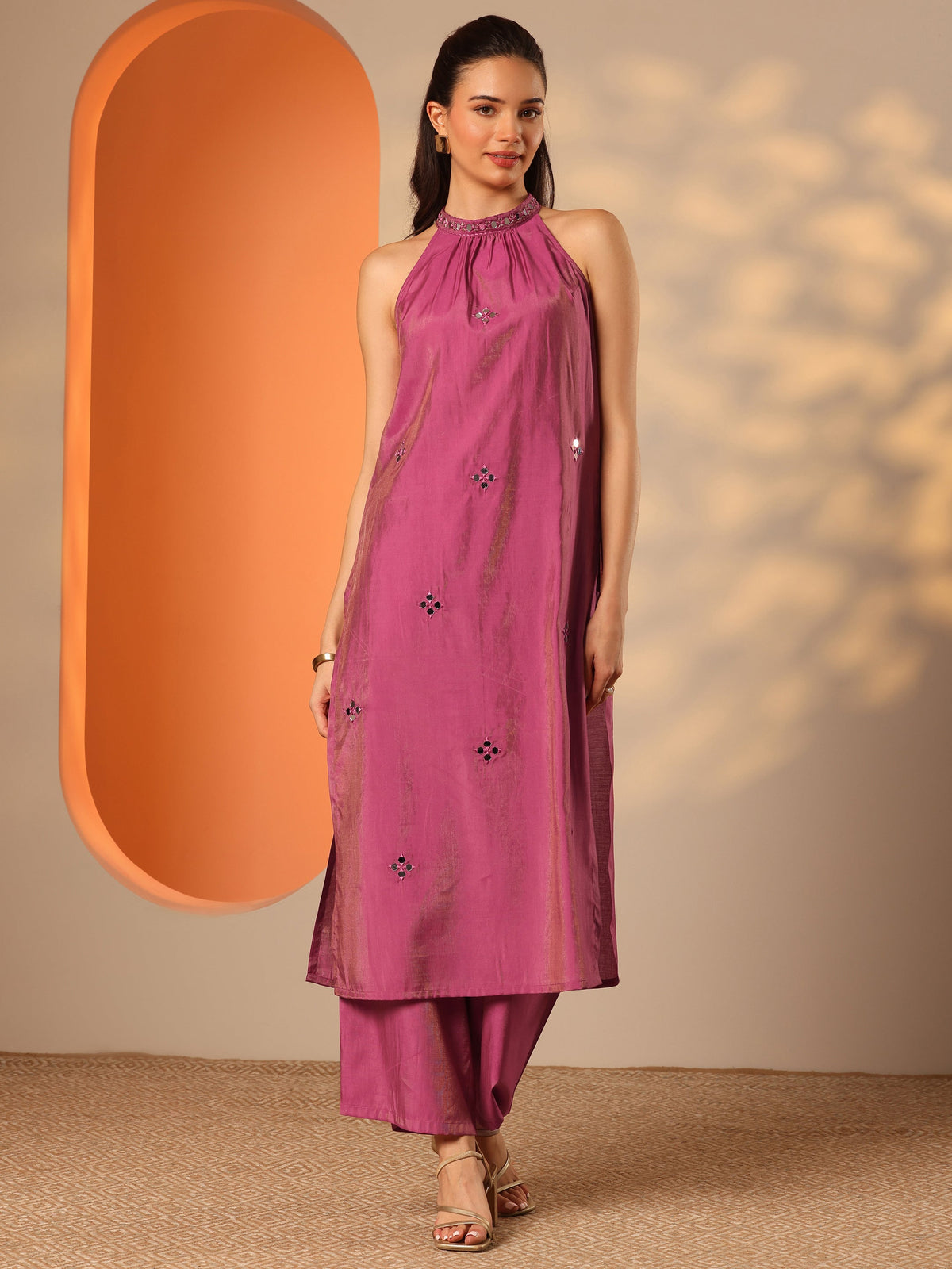Libas Pink Embellished Silk Blend Straight Kurta Set