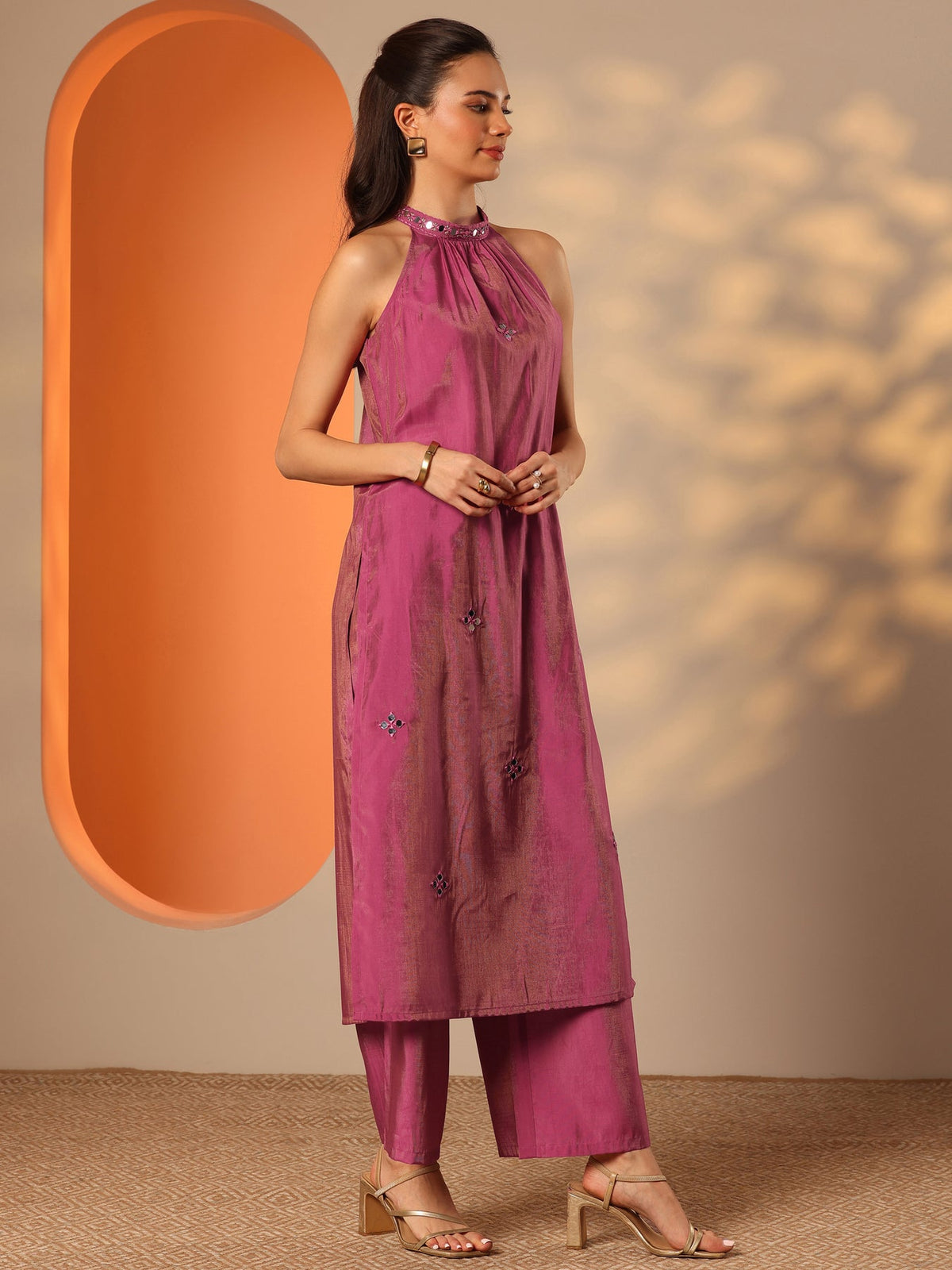 Libas Pink Embellished Silk Blend Straight Kurta Set KS67