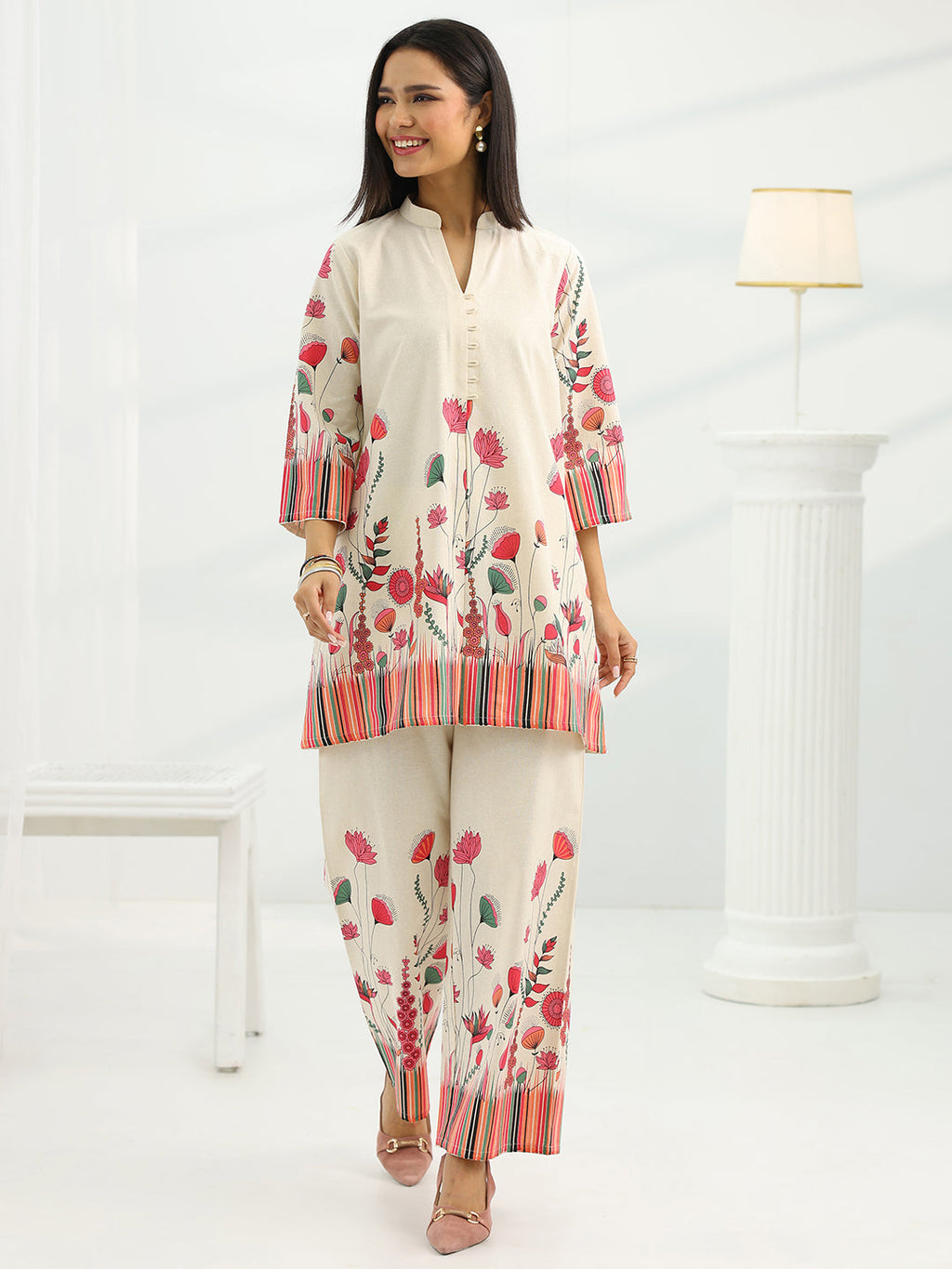 Libas Off White Printed Cotton Co-Ord Sets CO87