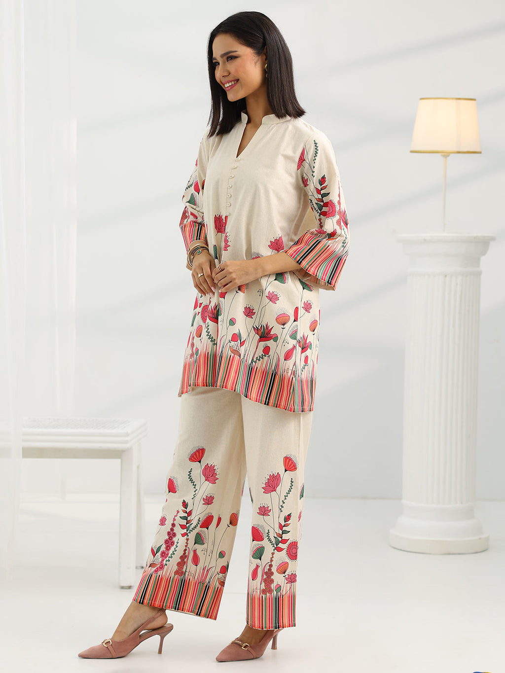 Libas Off White Printed Cotton Co-Ord Sets CO87